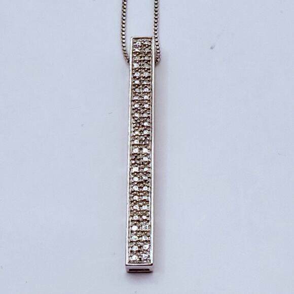 925 Sterling Silver Bar Necklace Pavé Vertical Pendant Italy Box Chain 16” - Picture 2 of 10